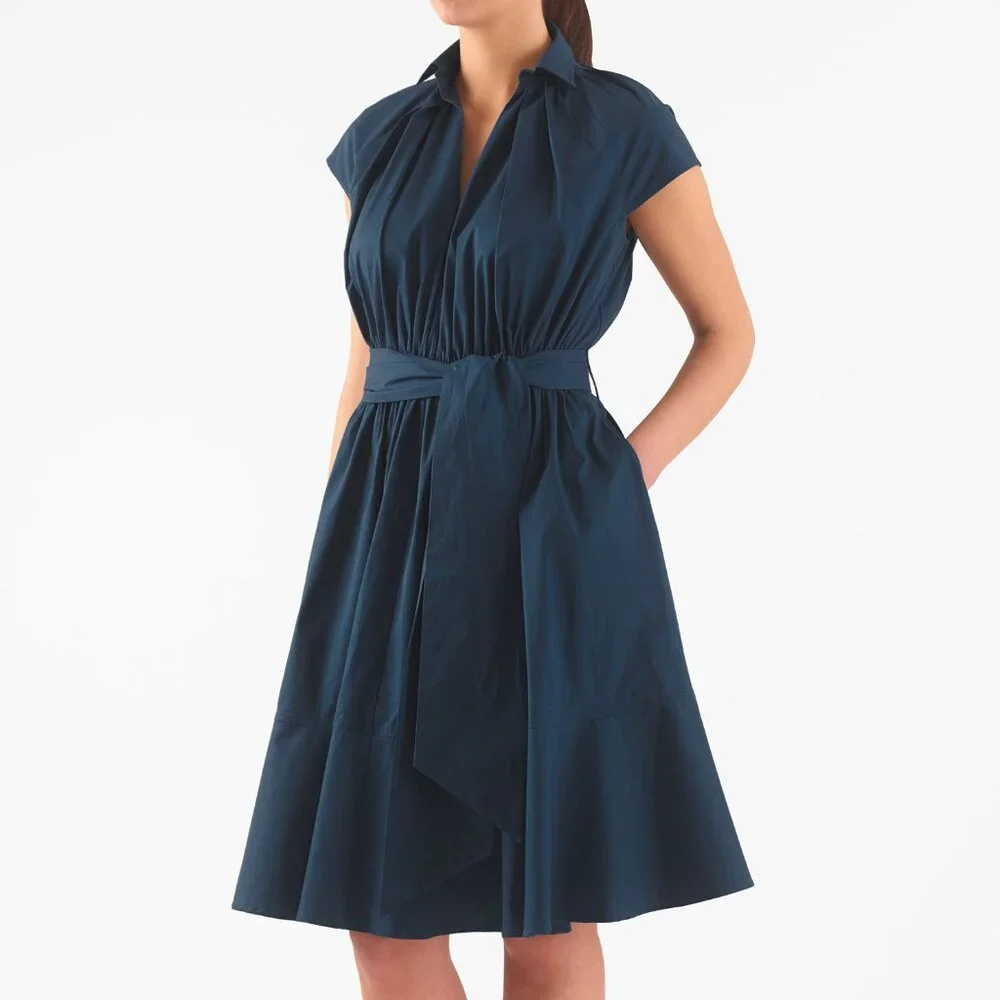 eShakti Cotton Poplin Blouson Midi Dress Dark Teal Classic Flare size Large 12 - Picture 2 of 11